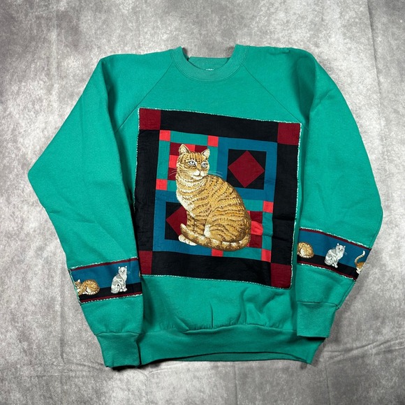 Fruit of the Loom Tops - Vintage Fruit of the Loom Cat Quilt Sweatshirt XL Teal Green Made in USA 90s